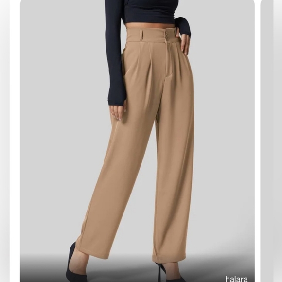 Halara pants high waist wide leg two button smocked waist tan khaki work office - Picture 1 of 8